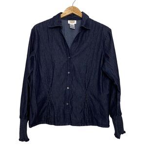 Vintage Talbots Chambray Ruffled Pleated Button Up Shirt Retro Grunge Women's L